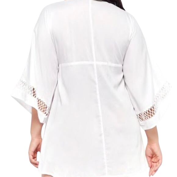 Raviya White Crochet Trim Kimono Swim Cover-Up Dress L Resort Boho - Picture 3 of 8